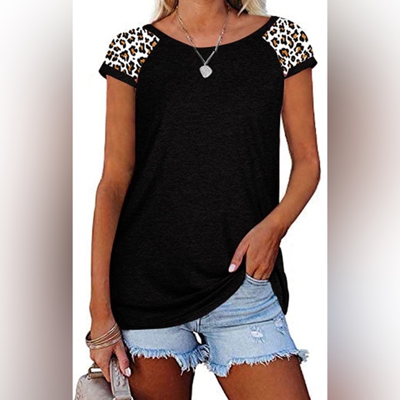 Womens Leopard Short Sleeve T Shirts Dressy Casual Blouses Round Neck Tunic XL - Picture 5 of 8